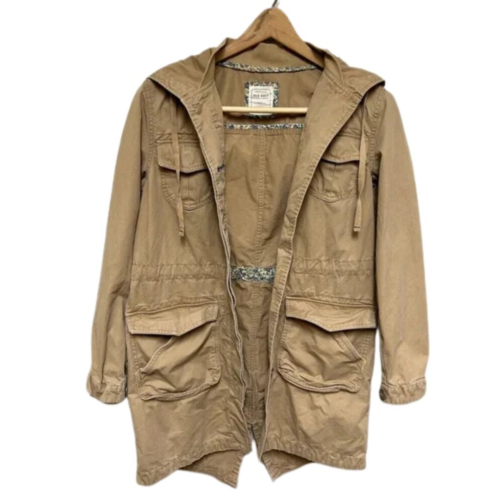 Old Navy Hooded Button Down Lightweight Longline Utility Jacket in Tan